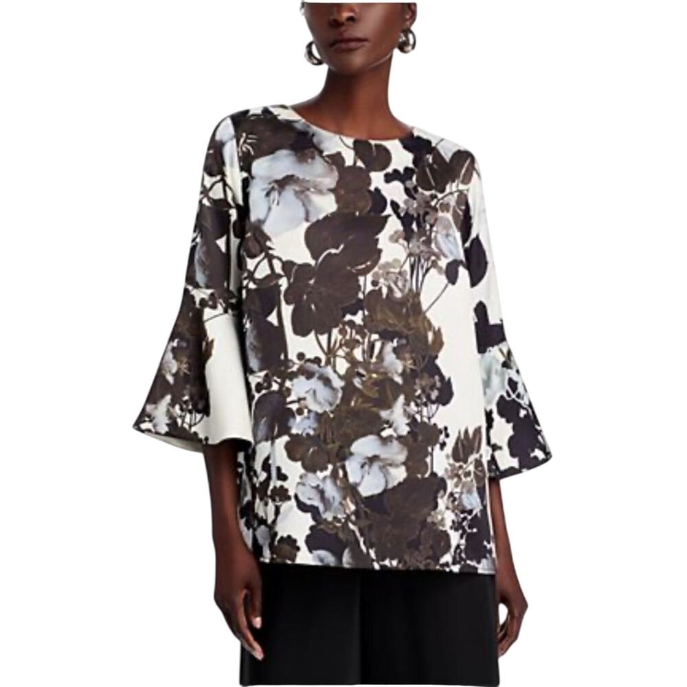 Caroline Rose Woven Bella Fall Floral Print Scoop Neck 3/4 Bell Sleeve Top XL